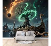 Papier Peint Bateau-dragon De L'Arbre-Monde 250x175 cm Papier Peint Panoramique Effet 3D, Peinture Murale intissé Grande Mythologie Nordique, pour Moderne Salon Chambre TV Fond