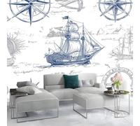 Papier Peint Bateau Pirate Boussole Panoramique 3D Papier Peint Carte Vintage Murale Salon Chambre à Coucher Maison Décoration Intérieure (350 x 256 cm (W x H))