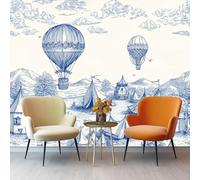 Papier Peint Bleu Panoramique 3D Lignes d'encre Aventure Montgolfière Murale Salon Chambre à Coucher Maison Décoration Intérieure 400 x 280 cm pour Salon Chambre Poster Geant Mural Personnalisé