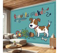 Papier Peint Bleu-Vert Panoramique Dessin Animé Amusant, Non-Tissé Chiot Mots Jouet Poster Tableaux Muraux Tapisserie Photo, pour salon Chambre Intérieure Murale décoration 200 x 140 cm
