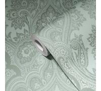 Papier Peint Boho Vert Menthe & Argent Métallique Avec Motif Ornamental