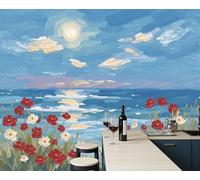 Papier Peint Bord De Mer Champs De Fleurs Papier Peint Panoramique 3D Peinture À L'Huile Vintage Représentant Le Littoral 400x280cm, Papiers Peints Photo Géante Décoration Murale Pour Salon Chambre