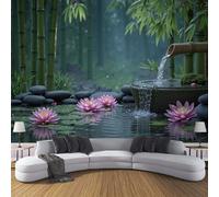 Papier Peint Bosquet De Bambous Fleurs De Lotus Étang, Papier Peint Panoramique Vert, Tapisserie Panoramique Zen Tranquillité, Pour Salon Chambre Chambre D'Enfant Décoration Murale, 300 x 210 cm