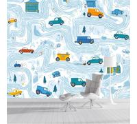 Papier Peint Camions Et Rues,350x250cm Papier Peint Panoramique Carte Animée Murale Poster Tableaux Photo Muraux pour Salon Chambre à Coucher Maison Décoration, Bleu Clair