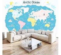 Papier Peint Carte du Monde 3D Auto Adhesif Panoramique Mural Bleu Papier Peint en Soie Poster XXL Décoration Murale Salon Chambre 400x280 cm A-4109