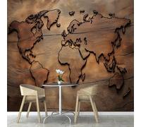 Papier Peint Carte du Monde 3D Auto Adhesif Panoramique Mural Modèle en Bois Rétro Papier Peint en Soie Poster XXL Décoration Murale Salon Chambre 350x250 cm B-4305