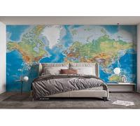 Papier Peint, Carte du monde lettre bleue, 350 x 250 cm 3D Trompe L'oeil Mural Affiche Géante Décoration Papier Peint Panoramique