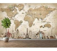 Papier peint carte du monde lieux intérêt architecture TV fond mural décoration de la maison salon chambre * 300cmx210cm(118.1x82.7inch)