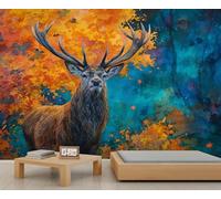 Papier Peint Cerf Sauvage 3d Panoramique Papier Peint Cerf de Forêt D'Automne Papier Mural Aquarelle de La Faune Des Bois Decoratif pour Salon Chambre Murales Décoration Murale 350 X 256 cm