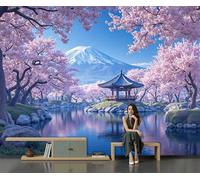 Papier Peint Cerisiers En Pleine Floraison Et Montagnes 350 X 256 Cm Papier Peint Panoramique Effet 3D, Peinture Murale Poster Intissé Paysages Japonais Oniriques, Pour Chambre Salon Tv Fond