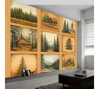 Papier Peint Chalet Forêt Pins Paysage Campagne Panoramique 3D Jaune Papier Peint Murale pour Enfant Chambre, Salon Décoration, Intérieure Poster Mural XXL Grande Affiche (400 x 280 CM)
