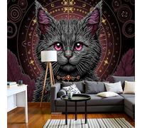 Papier Peint Chat Gothique Thème Astrologique, Papier Peint Panoramique 3D Créature Mystérieuse Rouge Bordeaux Pour Salon Chambre Bureau Couloir, Décoration Murale Poster Intérieure Grande, 200X140Cm