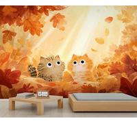 Papier peint chat mignon dessin animé chat papier peint pour salon feuilles d'automne peintures murales pour chambre à coucher décoration murale chambre d'enfant canapé fond TV grande affiche 490 x
