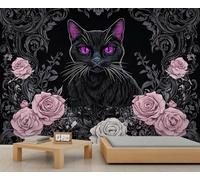 Papier peint chat mystérieux - Papier peint à décoller et coller pour salon, chambre à coucher, motif floral gothique, grand papier peint autocollant - Décoration d'intérieur chat noir