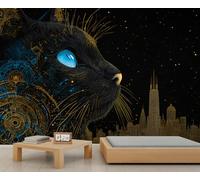 Papier peint chat noir Tech Art City Skyline murale Ciel étoilé Nuit Fille Papier peint pour salon chambre à coucher Poster mural 232 x 158 cm