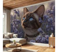 Papier Peint Chat Siamois Lavande, Papier Peint Panoramique Réalistes Animaux De Compagnie, Poster Tableaux Photo Muraux Violet, Décoration Murale Pour Salon Chambre Restaurant 350 x 256 cm