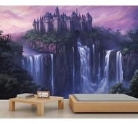 Papier peint château, cascade, papier peint forêt pour salon, chambre à coucher, arrière-plan TV, décoration de bureau - 390 x 260 cm