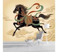 Papier Peint Cheval Chinois Nuages De Bon Augure, Papier Peint Panoramique Animal Traditionnel Beige Pour Salon Chambre Bureau Couloir Arrière-Plan Tv, Décoration Murale 3D, 400X280Cm (L X H)
