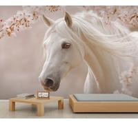 Papier peint cheval, fleurs de cerisier, papier peint équin, papier peint floral serein, peintures murales pour chambre à coucher, salon, décoration murale qui ne se décolle pas et ne colle pas, 350 x