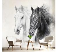 Papier Peint Cheval Peint La Main Mural, Animaux L'Aquarelle Grandt Mural 3D Pour Salon, Chambre, Chambre D'Enfants,Blanc Crémeux 450X315 Cm Décoration Murale Fresque
