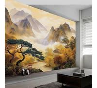 Papier Peint Chinois Traditionnel 350 X 256 Cm Murales Non Tissé Montagnes Bâtiments Poster Tableaux Muraux Imprimé 3D Tapisserie Photo Pour Chambre Cuisine Salon, Decoration Wallpaper Mural Jaune