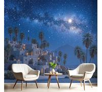 Papier Peint Ciel Étoilé Fantastique Mural, Maison Du Désert Grandt Mural 3D Pour Salon, Chambre, Chambre D'Enfants,Bleu Foncé 150X105 Cm Décoration Murale Fresque