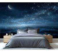 Papier peint Ciel nocturne onirique avec croissant de lune et étoiles, fresque murale Mer de nuages, décoration murale amovible et adhésive pour chambre ou salon 350x250cm (Non autocollant)