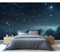 Papier peint Ciel nocturne onirique avec croissant de lune et étoiles, fresque murale Mer de nuages, décoration murale amovible et adhésive pour chambre ou salon 200x140cm (Non autocollant)