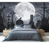 Papier peint cimetière d'Halloween et pleine lune, fresque murale cimetière effrayant avec corbeaux, décoration murale amovible et adhésive pour chambre ou salon 250x175cm (Non autocollant)