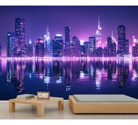 Papier peint City Reflections, vue nocturne de la ville, papier peint New York pour salon, chambre à coucher, bureau, hôtel, bar, décoration de plafond - 300 x 210 cm