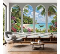 Papier Peint Cocotiers Plages Bateaux De Pêche, 350x256cm, Turquoise | Papier Peint Panoramique Paysages Côtiers Tropicaux, Decoration Salon Chambre, Décoration Soie Murale Poster Tableaux Muraux