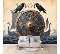Papier Peint Corbeau Nordique 150x105 cm Papier Peint Panoramique Effet 3D, Peinture Murale intissé Grande Bateau-dragon Runique, pour Moderne Salon Chambre TV Fond