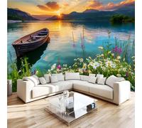 Papier Peint Coucher De Soleil Sur Le Lac Petits Bateaux Fleurs 3D Panoramique intissé Murale Papier Peint xxl Fresque Murale Moderne Peinture Murale Décorative pour Salon Chambre 250x175 7yf29
