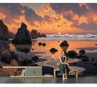 Papier Peint Coucher Soleil En Bord Mer 396 X 280 Cm Papier Peint Panoramique Effet 3D, Peinture Murale Poster Intissé Style Réaliste, Pour Chambre Salon Tv Fond