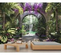 Papier peint d'arche de forêt tropicale pour salon, arche de jungle tropicale, jardin rêveur, cascade, papier peint botanique pour chambre à coucher, 430 x 300 cm