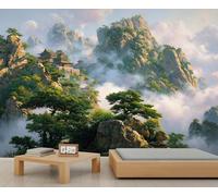 Papier peint de montagne chinoise traditionnelle - Pavillons et temples chinois - Papier peint pour chambre de fille - Papier peint mural pour chambre de fille, salon - 500 x 350 cm