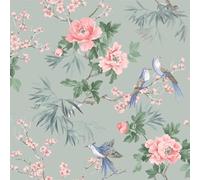 Papier peint de style oriental japonais Amelie Chinoiserie, parfait pour les murs d'accent, les chambres, les salons et les salles à manger, vert sauge Rasch 260568