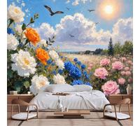 Papier peint de taille personnalisable, art impressionniste/paysage de prairie de fleurs sauvages ensoleillées blanc crème, mandarine, orange, bleu foncé, rose, rose, ciel bleu, cumulus, nuages, tissu