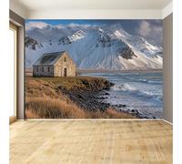 Papier peint de taille personnalisée, chapelle en pierre côtière avec montagnes enneigées, papier peint de taille personnalisée, papier peint réaliste, autocollant amovible pour salon