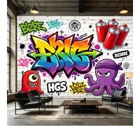 Papier peint de taille personnalisée - Graffiti de rue coloré - Lettrage abstrait arc-en-ciel - Monstre funky - Peinture en aérosol - Tissu mural amovible - Décoration murale pour salon et chambre à