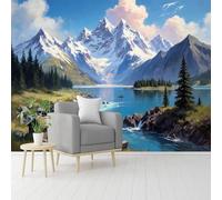 Papier peint de taille personnalisée, paysage de lac de montagne, paysage de sommets enneigés, cabane au bord de la rivière, œuvre d'art naturelle, papier peint autocollant amovible pour salon