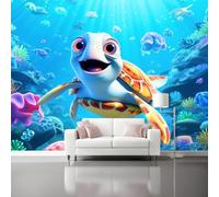Papier Peint Dessin animé Monde sous-marin Tortue, 350 x 256 cm 3D Impression Haute Définition Papier Peint, Coloré Décoration Murale Poster Anti-rides Murale Salon Chambre á Coucherr Bureau Salle