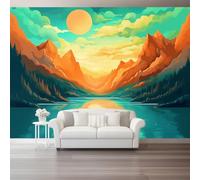 Papier Peint Dessin Animé Panoramique 3D Orange Montagnes Lac Grandes Murales Poster Pour Salon Adulte Chambre D'Enfants Étude Maison Décoration Intérieure 400 X 280 Cm
