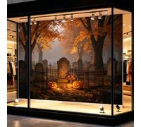 Papier peint d'Halloween de taille personnalisée - Lanternes lumineuses - Érable d'automne - Silhouette de pierre tombale - Tissu mural auto-adhésif amovible - Décoration murale pour centre commercial
