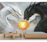 Papier peint double dragon noir et blanc - Peinture murale fantaisie créature mythique - Papier peint imperméable pour chambre à coucher, salon, chambre d'enfant - 430 x 300 cm