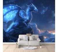 Papier Peint Dragon Bleu Occidental 150x105 cm Papier Peint Panoramique Effet 3D, Peinture Murale intissé Grande Vue Nocturne Du Ciel étoilé, pour Moderne Salon Chambre TV Fond