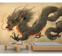 Papier peint dragon volant chinois fantaisie noir dragon mural pour salon asiatique oriental bête mythique papier peint animal papier peint chambre décoration chambre poster mural 390 x 260 cm