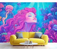 Papier peint du monde sous-marin sirène - Peinture murale - Vie marine - Méduse rose - Corail - Algues - Papier peint fantastique sur le thème de l'océan pour salon et chambre à coucher - 100 x 70 cm