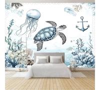 Papier Peint Effet 3D Aquarelle Monde Sous-Marin Tortues De Mer Méduses Bleu Clair Photo Peintures Murales Salon Tv Canapé Thème Hôtel De Luxe Couloir Fond Mur Peinture Décor À La Maison 300 x 210 cm