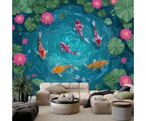 Papier Peint Effet 3D Étang De Carpes Koï Feuilles De Lotus Photo Peintures, Style De Dessin Animé Murales Salon Tv Canapé Thème Hôtel De Luxe Couloir Fond Mur Peinture Décor À La Maison 350 x 256 cm
